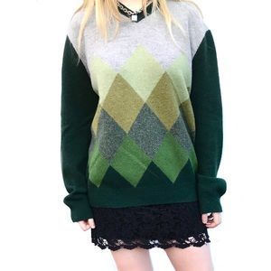 Express Wool Argyle Green Grey Vintage Crewneck Ugly Pullover Grandpa Sweater